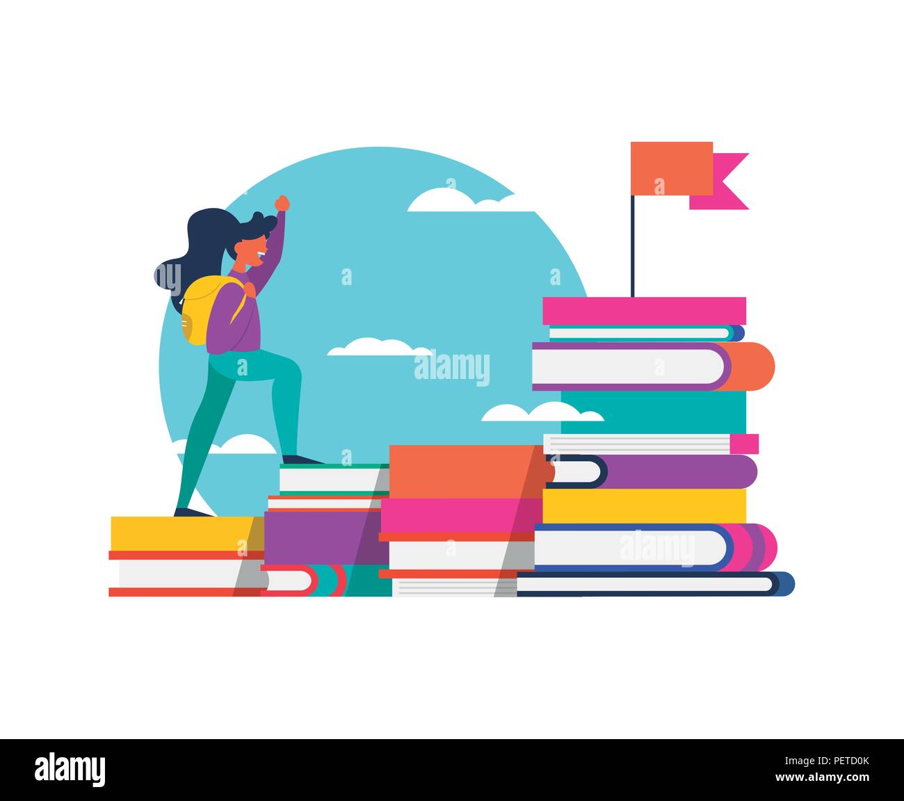 Happy girl student climbing mountain of study books for school learning challenge, success concept. Isolated education design in vibrant flat colors.  Stock Vector