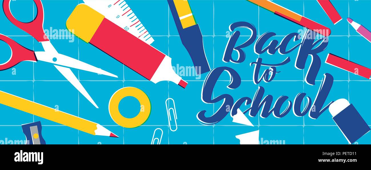 Back to School web banner, colorful classroom supplies on study table. Includes pencil, ruler, eraser, paper clip and more. EPS10 vector. Stock Vector
