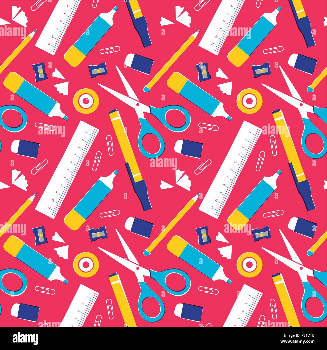 School supplies seamless pattern, colorful classroom equipment background  or office space tools. Includes pencil, ruler, eraser, paper clip and more  Stock Vector Image & Art - Alamy