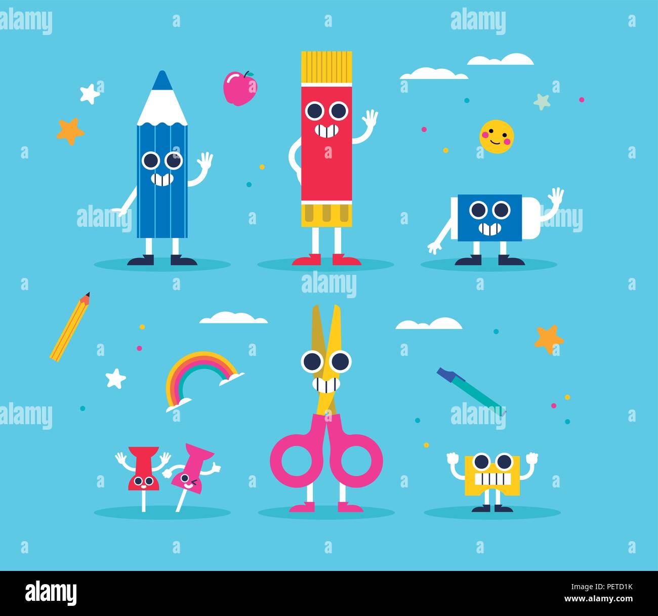 School supply character set. Includes color pencil, glue, scissors, eraser and sharpener. Funny designs in colorful style for class, children nursery  Stock Vector