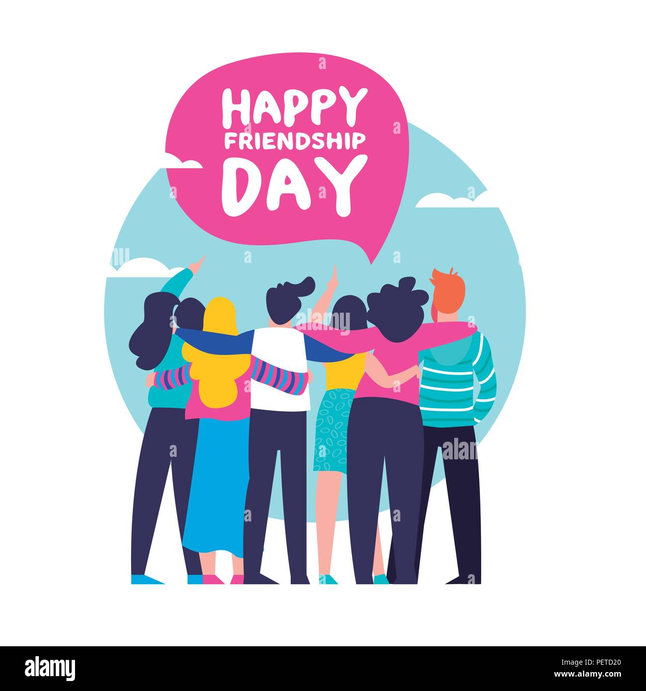 Happy friendship day greeting card with diverse friend group of people