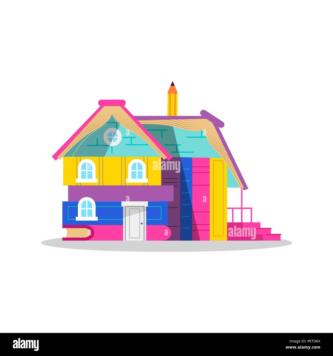 Big house made of colorful children books on isolated white background, concept illustration for kids imagination or school education. EPS10 vector. Stock Vector