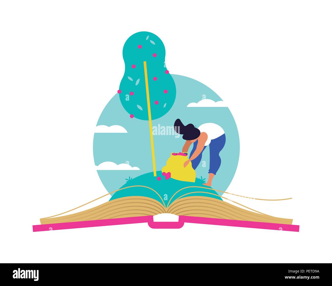 Woman picking fruit growing from open book, reading education for children and adults. Knowledge as food of life concept illustration isolated on whit Stock Vector