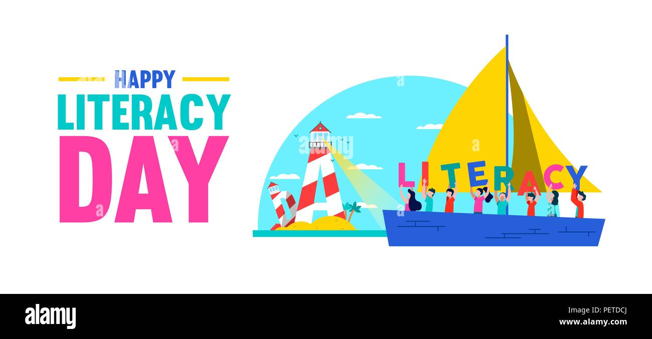 Literacy Day web banner illustration. Kids on boat receive guide from letter lighthouse light. Literate culture in children education as expression of Stock Vector