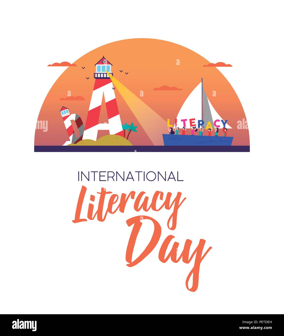 Literacy Day web banner illustration. Kids on boat receive guide from letter lighthouse light. Literate culture in children education as expression of Stock Vector