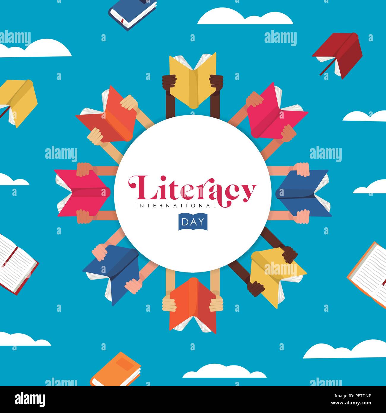 International Literacy Day illustration of children hands with education books and typography text. EPS10 vector. Stock Vector