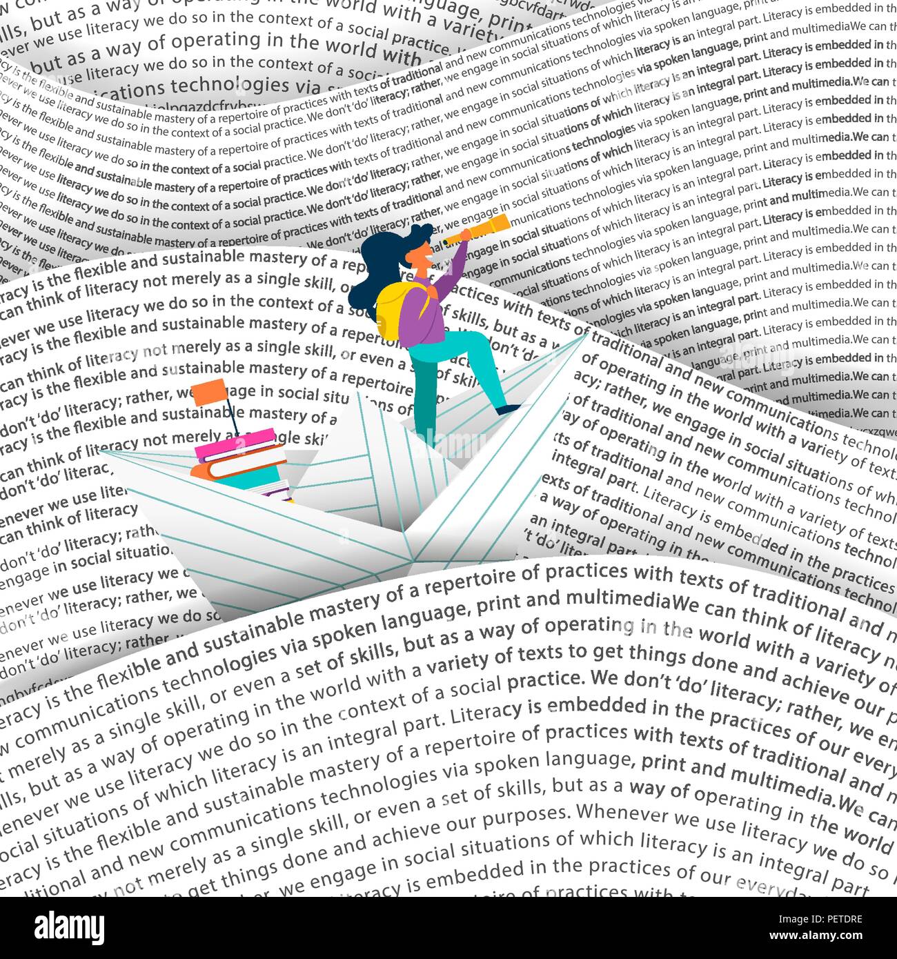 Girl sailing paper boat in sea of words. Education concept for children reading or school project. EPS10 vector. Stock Vector