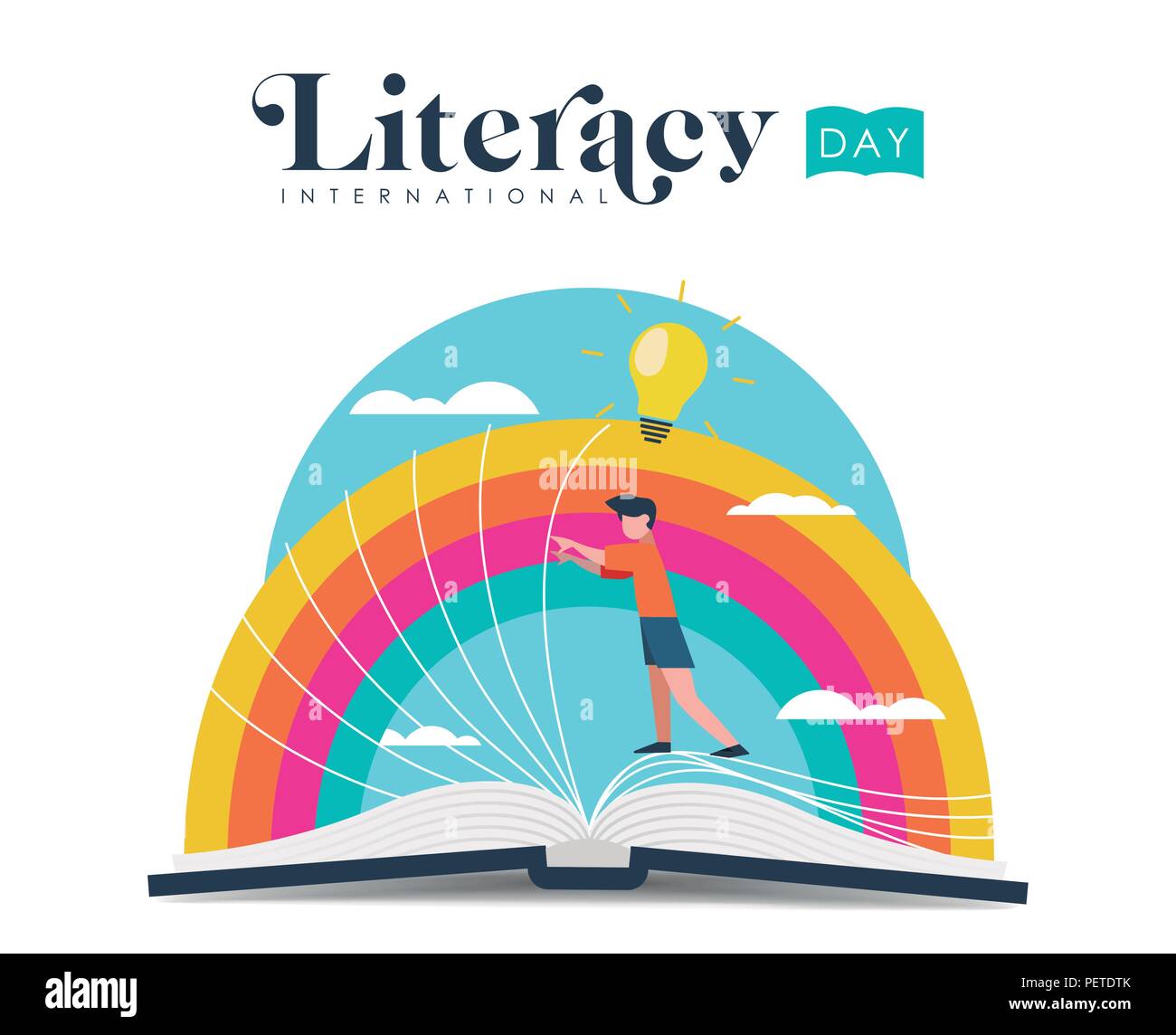 International Literacy Day illustration of kid discovering new book story. World education for children concept. EPS10 vector. Stock Vector