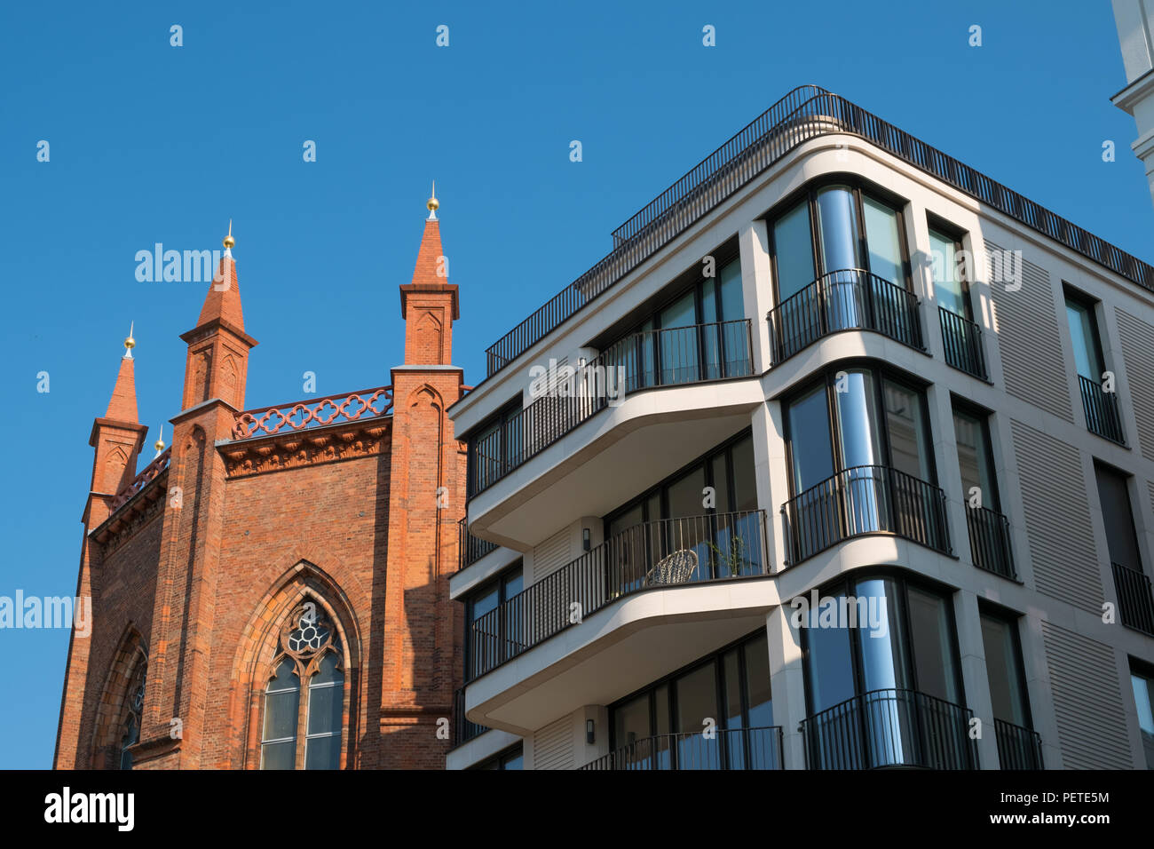 old church and modern builing facade, Berlin Mitte - Stock Photo