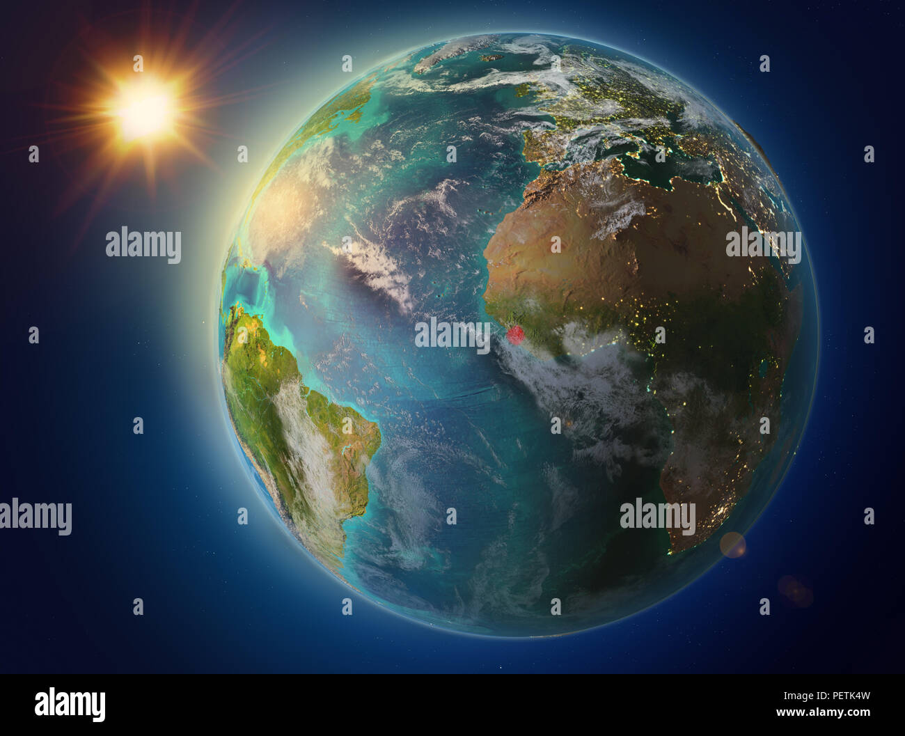 Sunset above Sierra Leone highlighted in red on planet Earth with ...