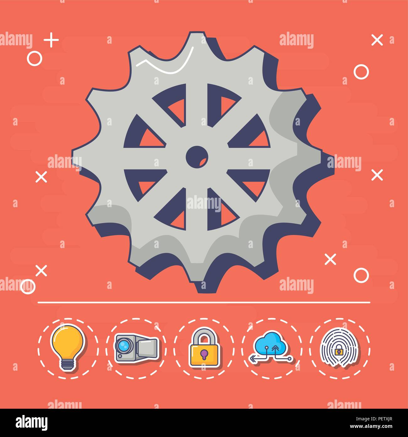 gear wheel with innovation and technology related icons around over red ...