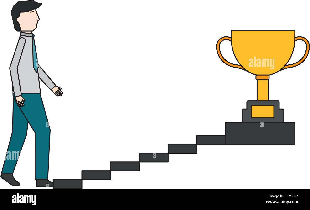 businessman climbs stairs with trophy on top Stock Vector