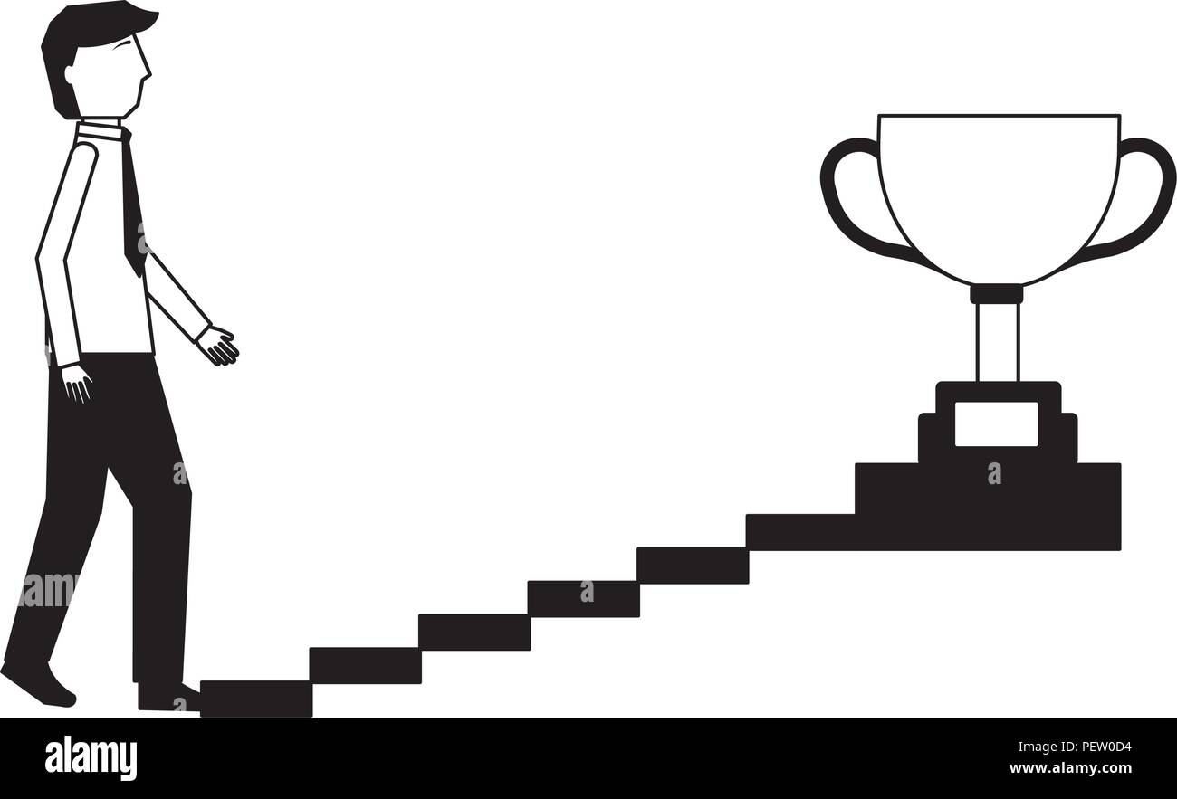 businessman climbs stairs with trophy on top Stock Vector