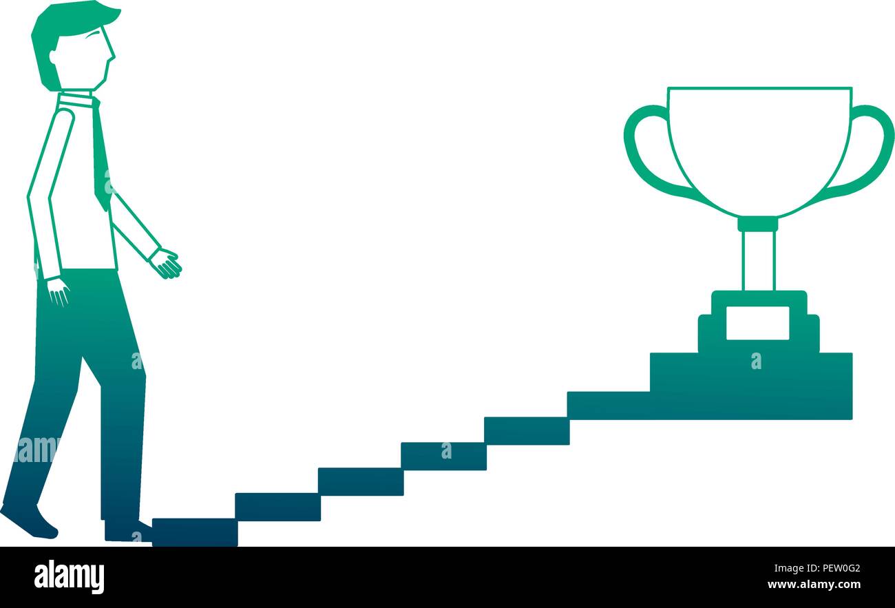 businessman climbs stairs with trophy on top Stock Vector