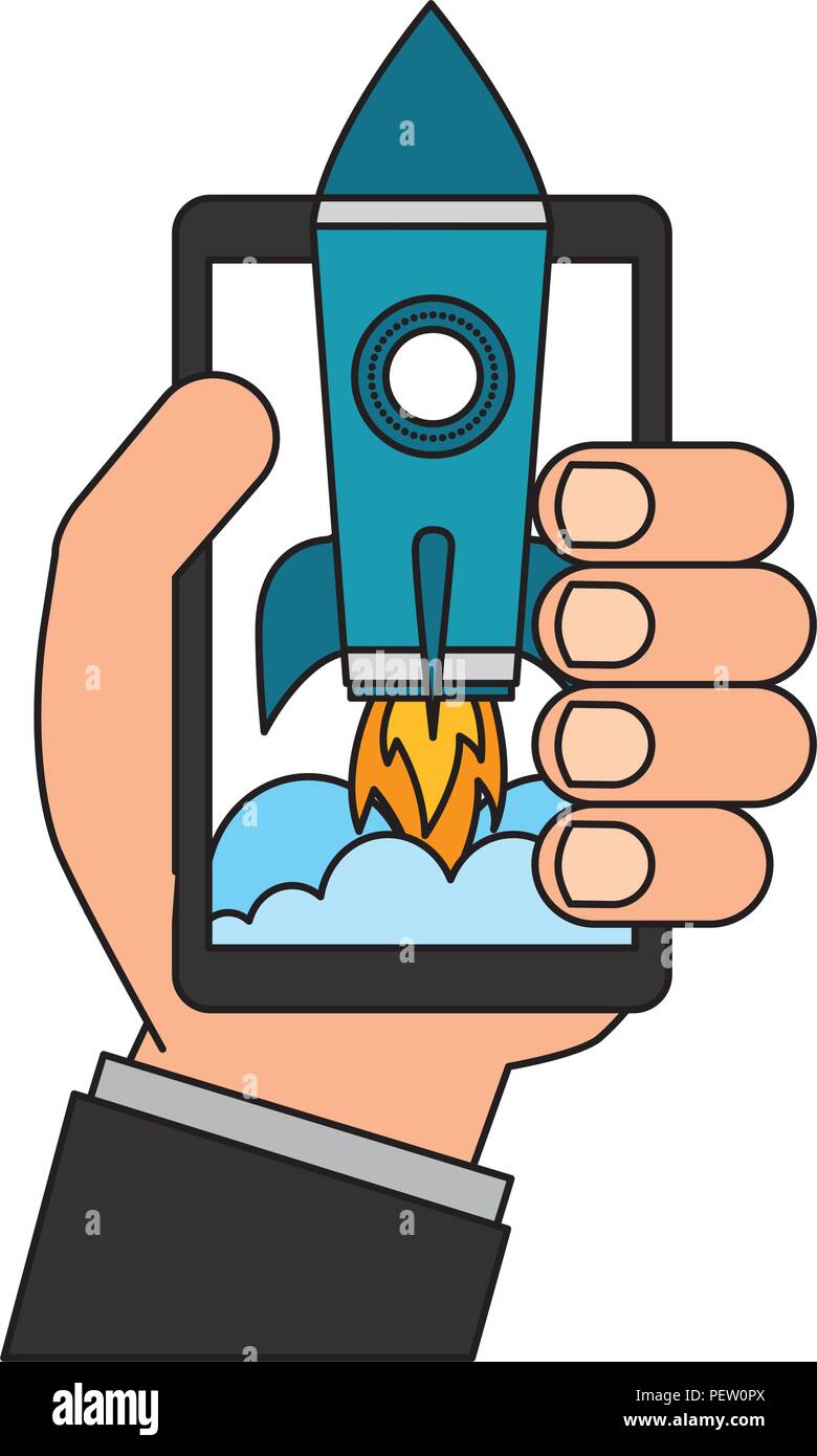 hand and smartphone with startup rocket Stock Vector Image & Art - Alamy
