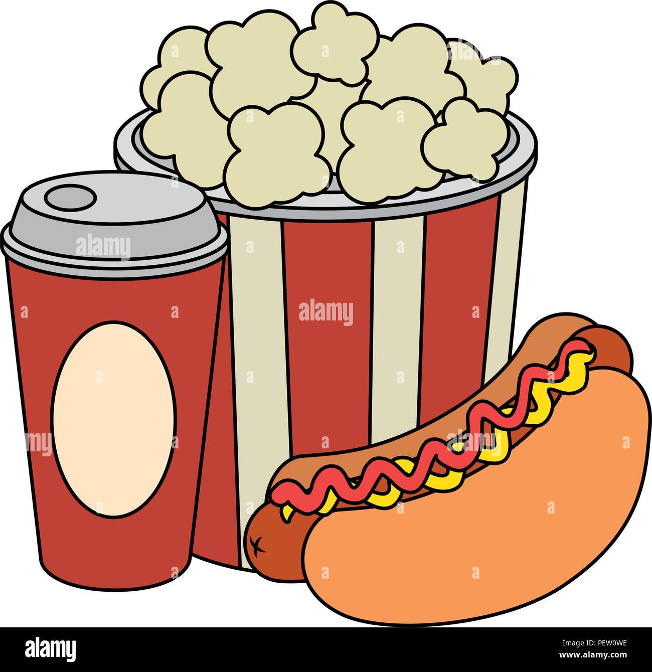 delicious hot dog with soda and pop corn vector illustration design