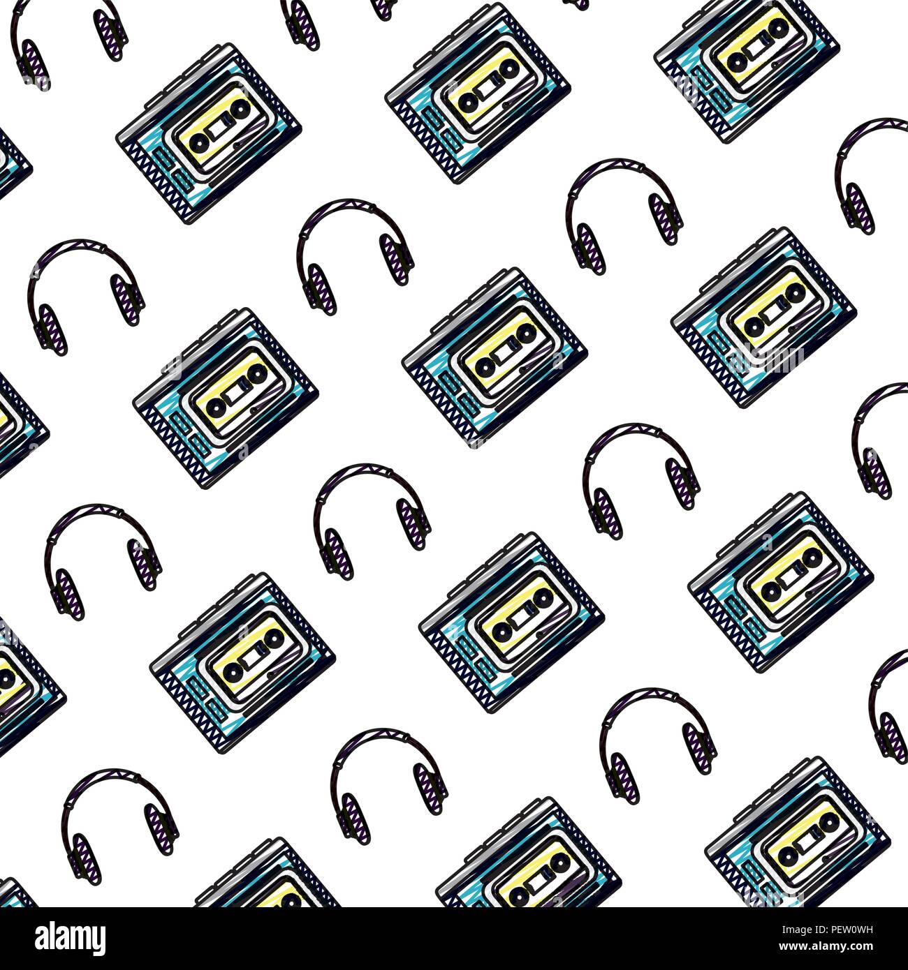 doodle headphones technology and plastic cassette background Stock ...