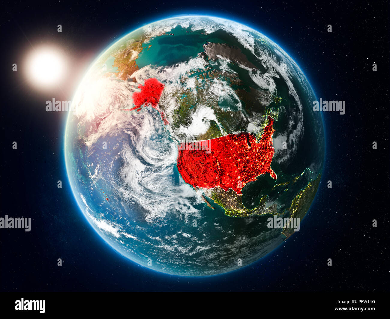Sunset above USA highlighted in red on planet Earth with clouds and ...