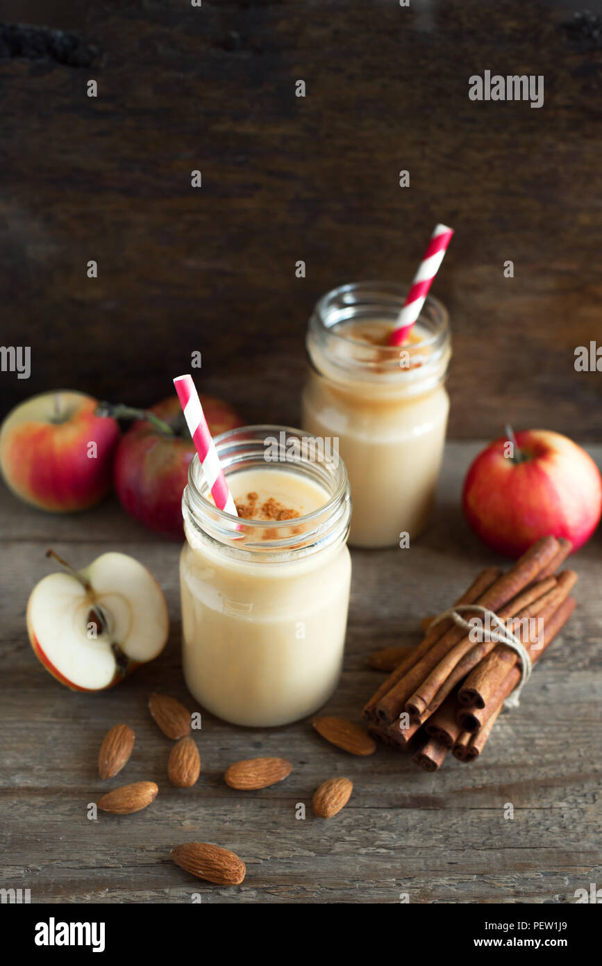 Apple pie protein smoothie drink with almond milk. Homemade apple