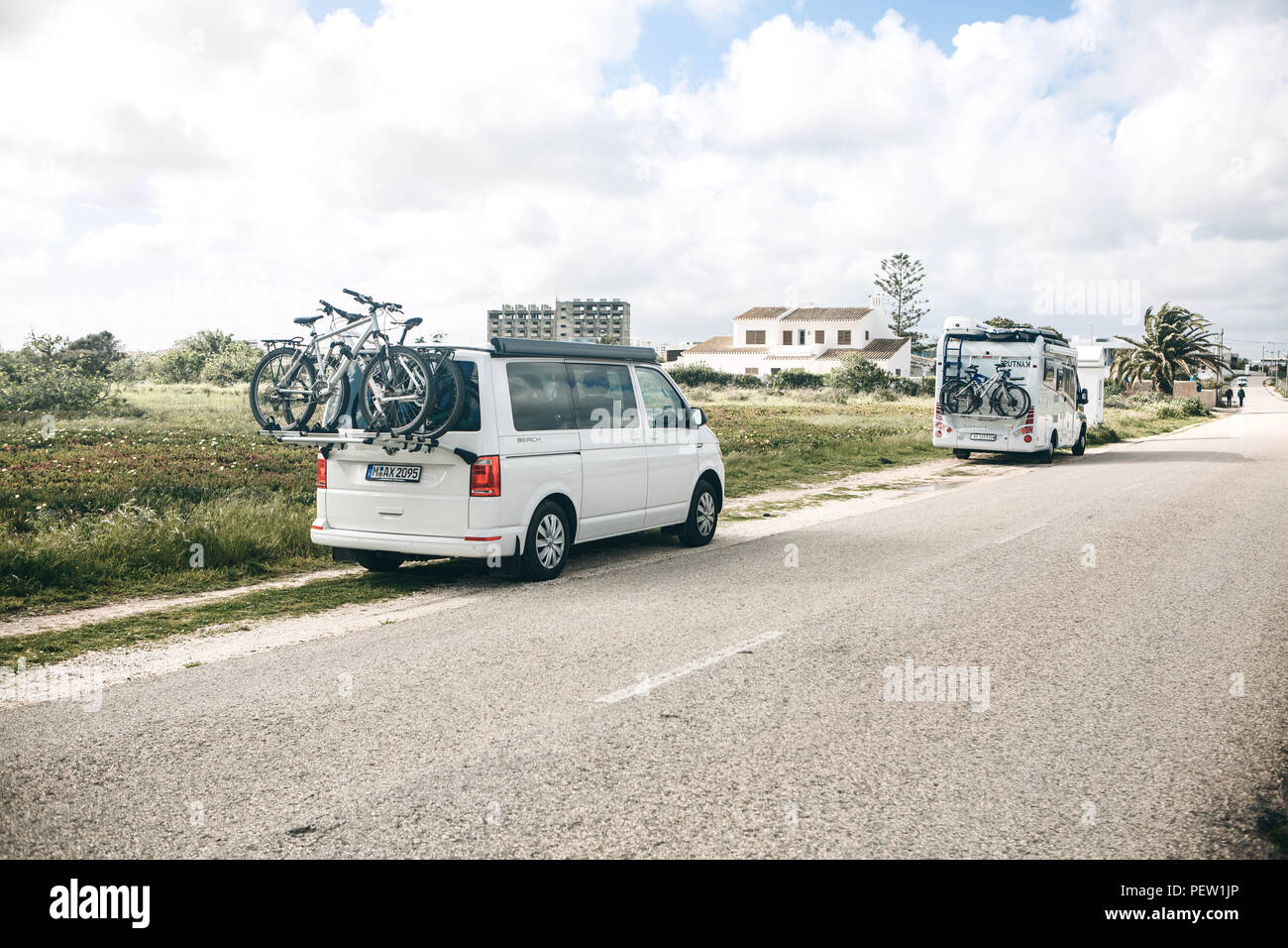 Portugal, Lagos, 12 April 2018 Cars for travel with bicycles parked at