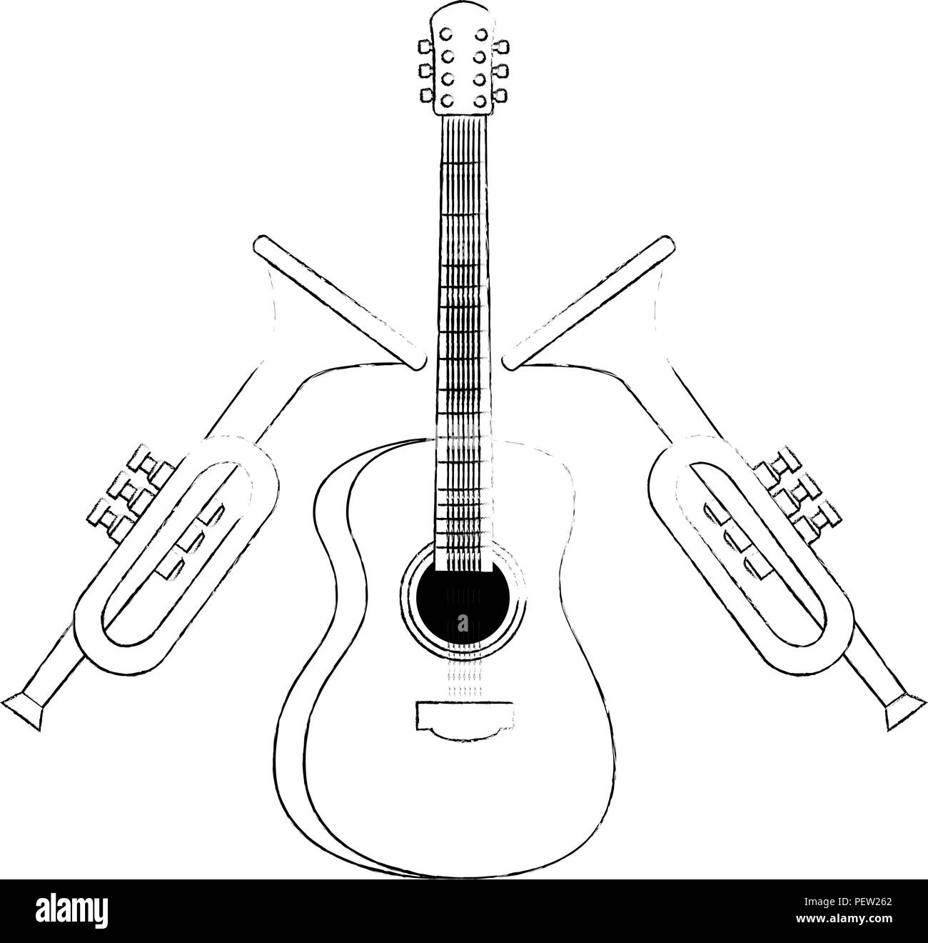 acoustic guitar and trumpets musical instrument vector illustration