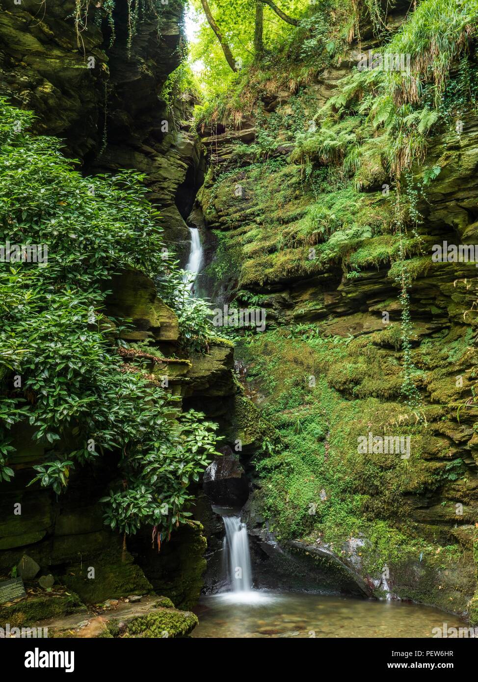 A waterfall running down a gully in the rock at St Nectan's Glen in Cornwall Stock Photo