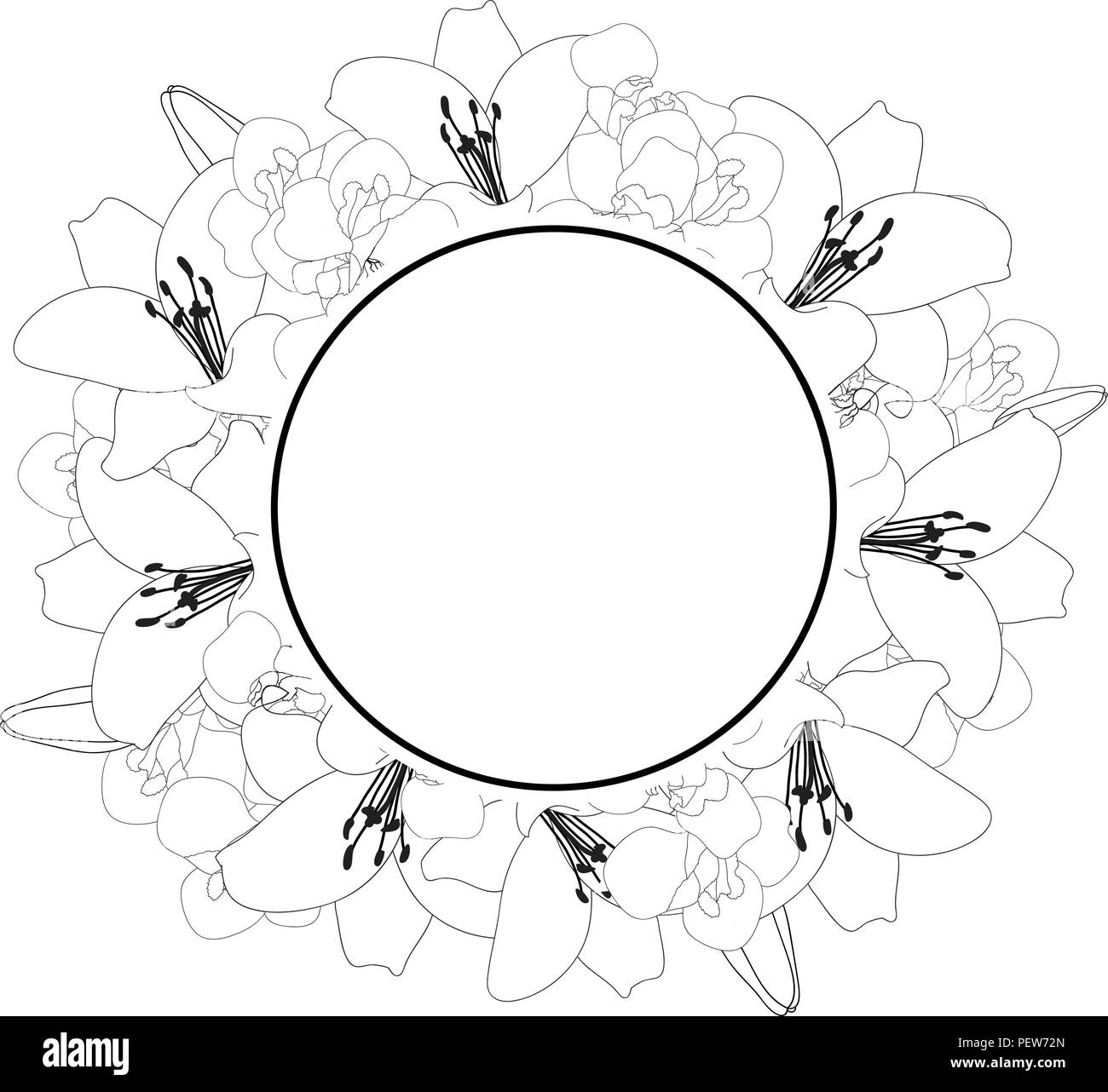 Lily and Iris Flower Banner Wreath Outline on White Background. Vector Illustration. Stock Vector