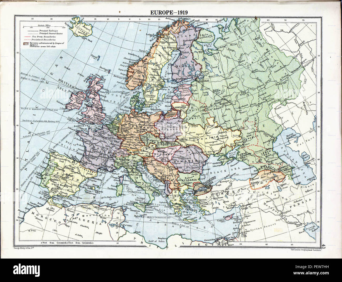London Geographical Institute's 1919 map of Europe after the treaties of Brest-Litovsk and Batum and before the treaties of Tartu, Kars, and Riga Stock Photo