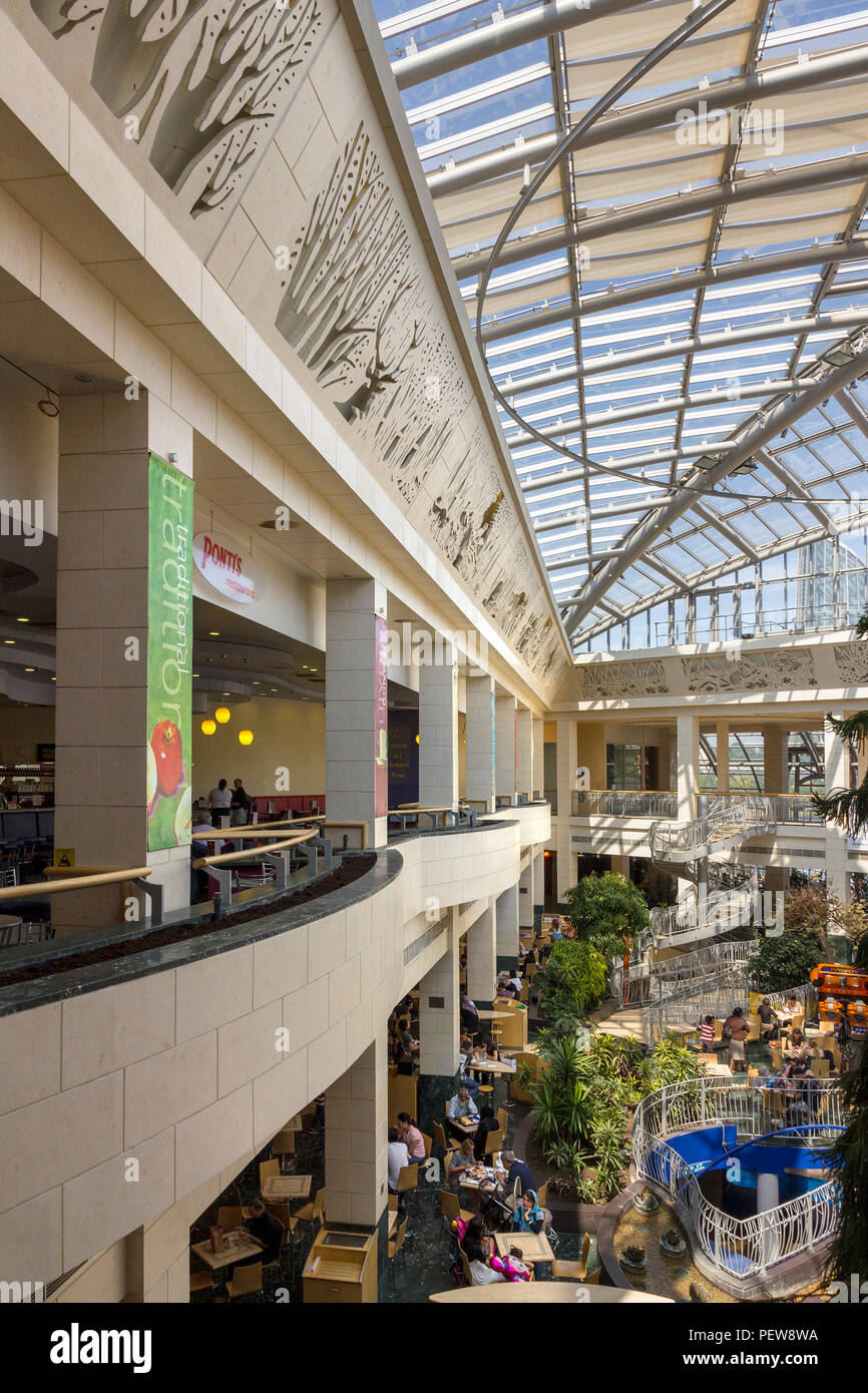 Balcony above Wintergarden food court at Bluewater shopping centre, Greenhithe, Kent, UK Stock Photo