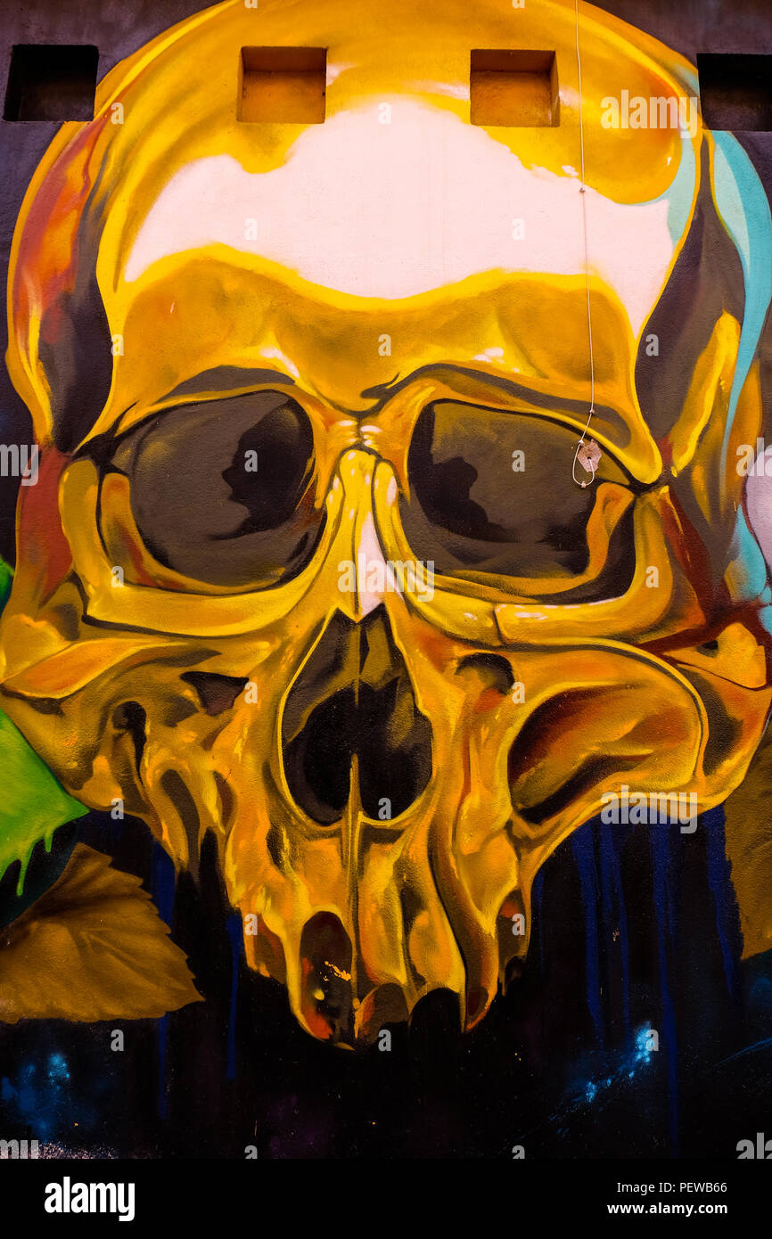View of colorful street art,a golden skull, from the streets of Malaga in Andalusia, Spain, near the plaza de la Merced Stock Photo