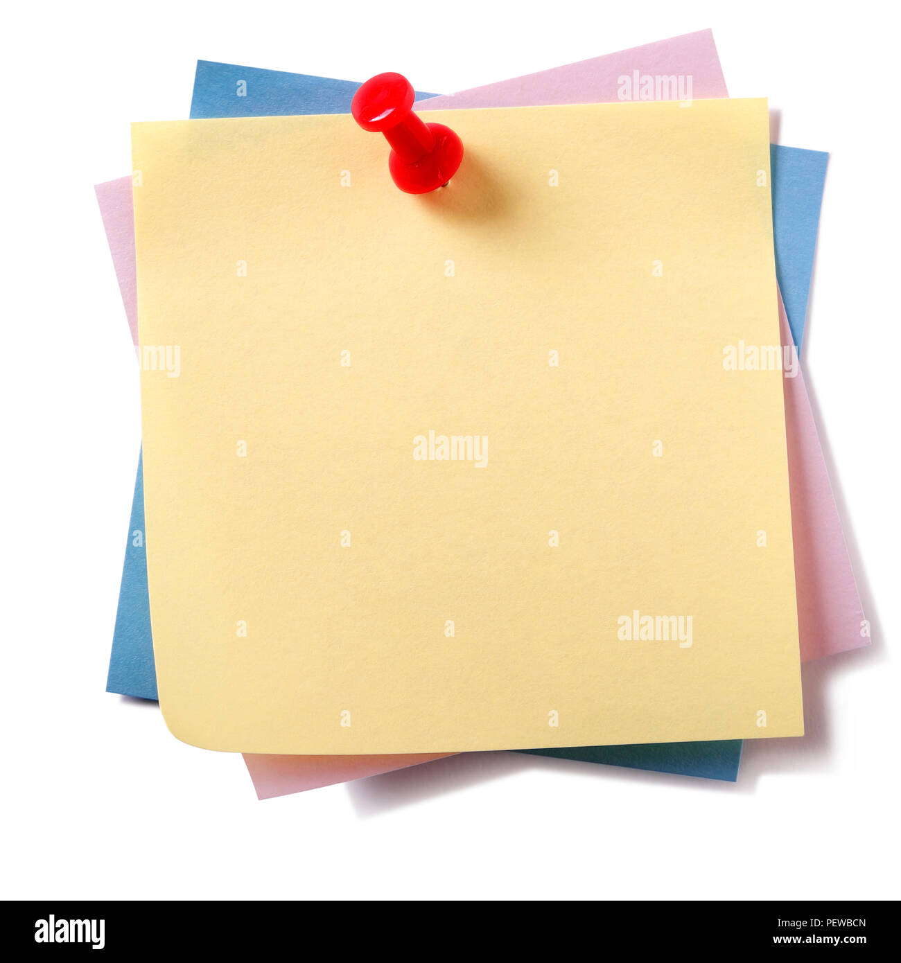 Untidy stack various different colors sticky post notes pinned isolated on white Stock Photo