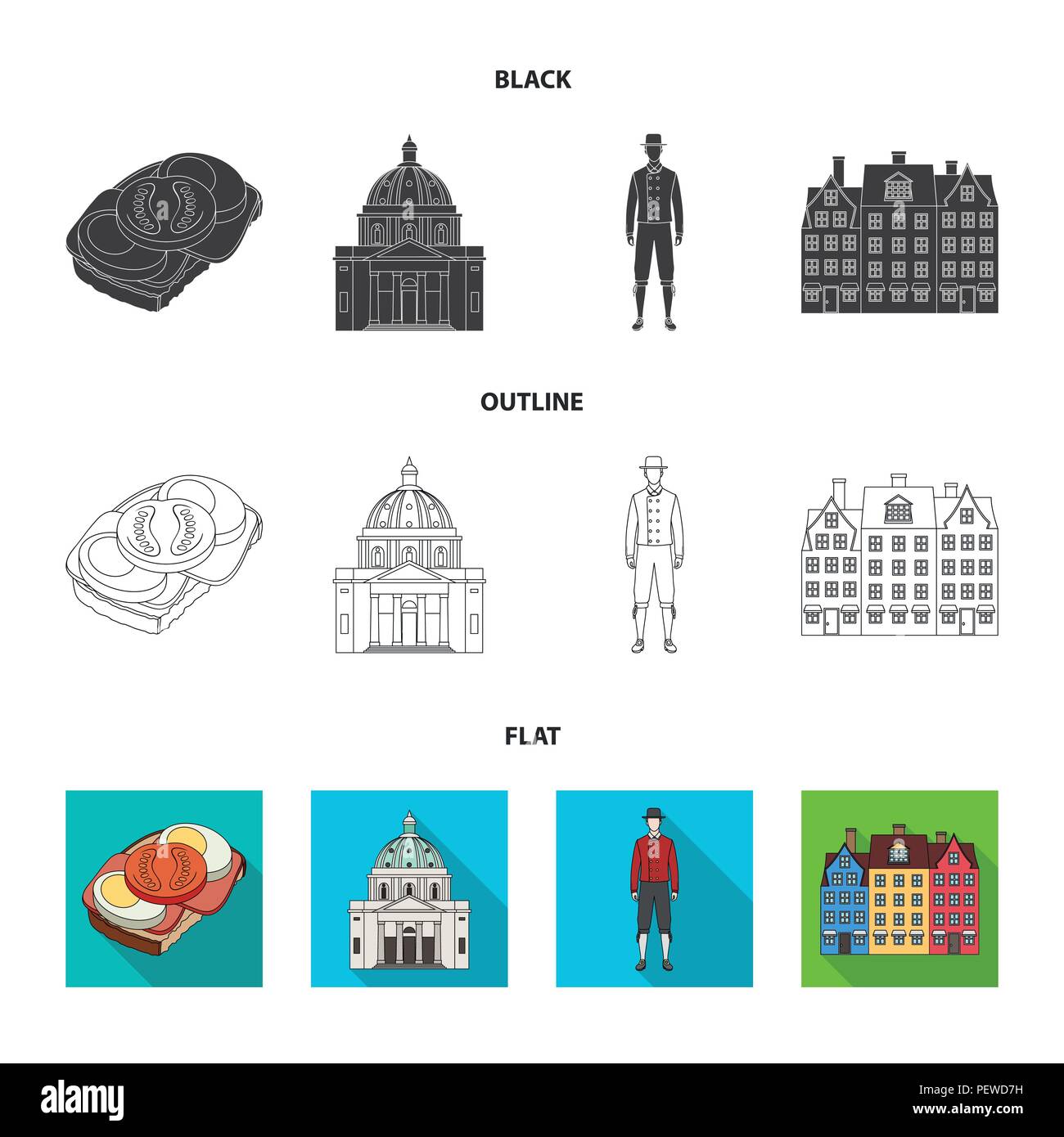 Denmark, history, restaurant, and other icon in black,flat,outline style.Sandwich, food bread icons in set collection Stock Vector