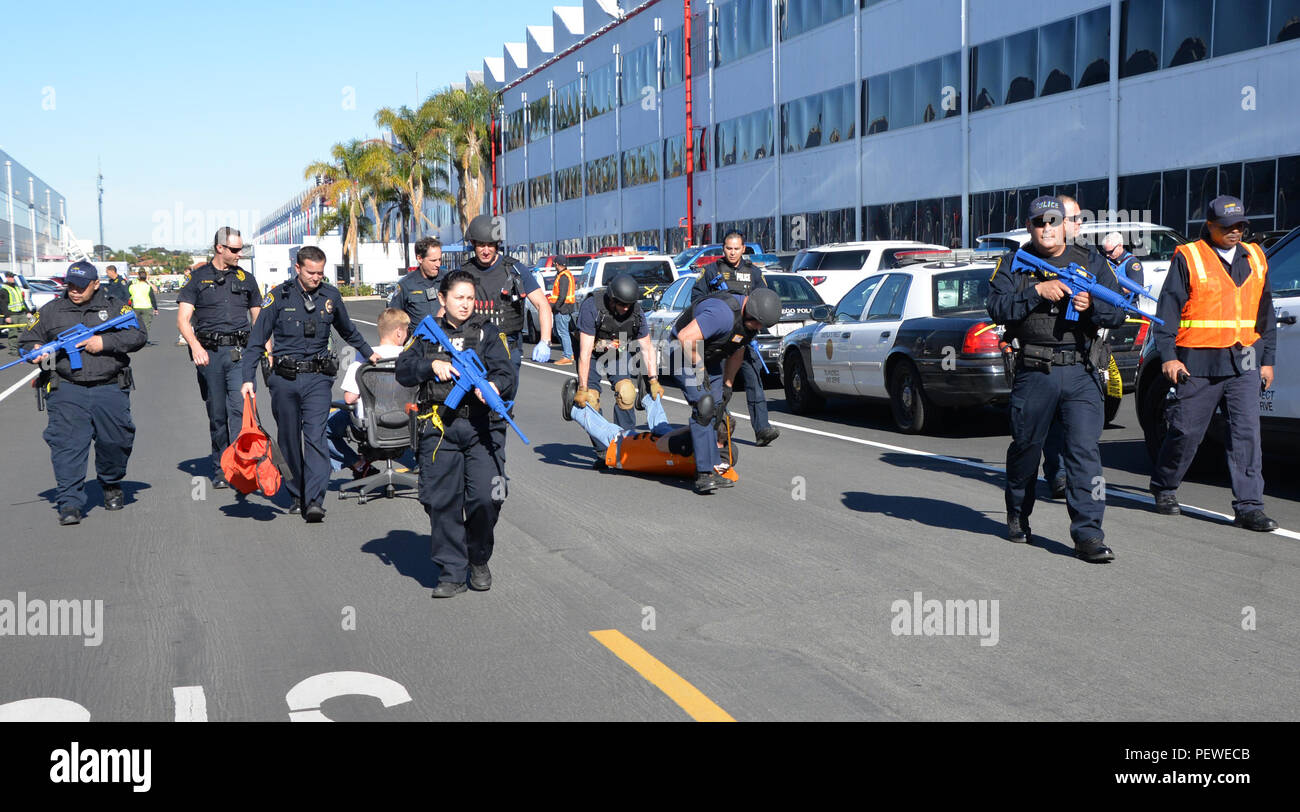 First responders evacuate a simulated casualty during a force ...