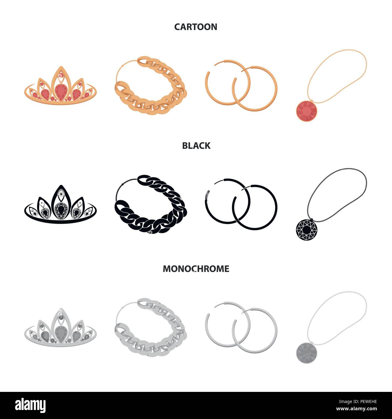 Tiara, gold chain, earrings, pendant with a stone. Jewelery and accessories set collection icons in cartoon,black,monochrome style vector symbol stock Stock Vector