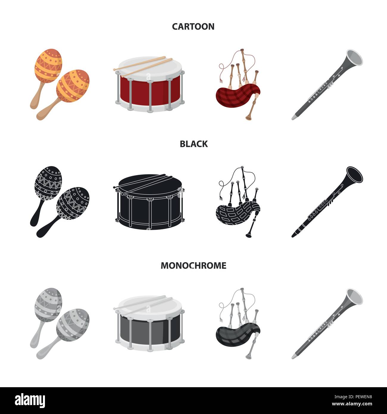 Maracas, drum, Scottish bagpipes, Musical instruments set