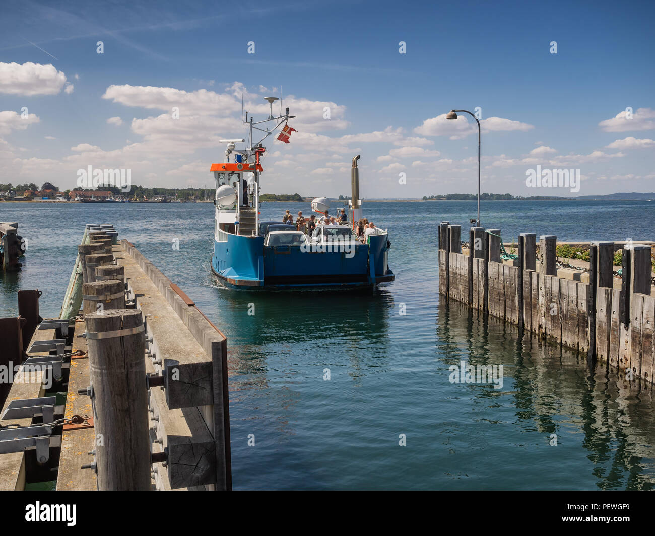 Small ferry to Hjarnoe landing, Jutland Denmark Stock Photo