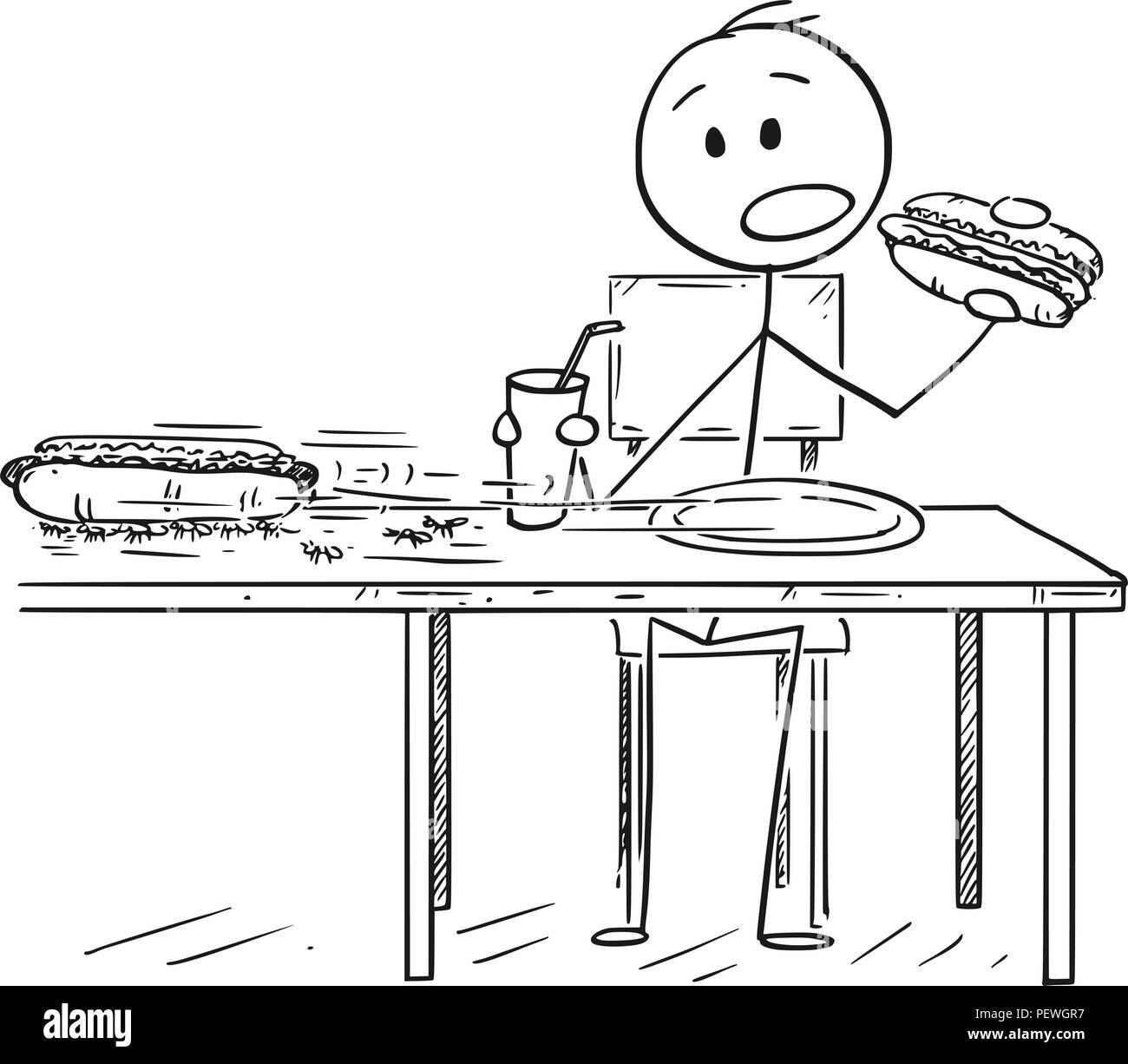Cartoon of Man Eating Hotdog and Drinking Cola While Ants Are Stealing Second Hotdog Stock Vector