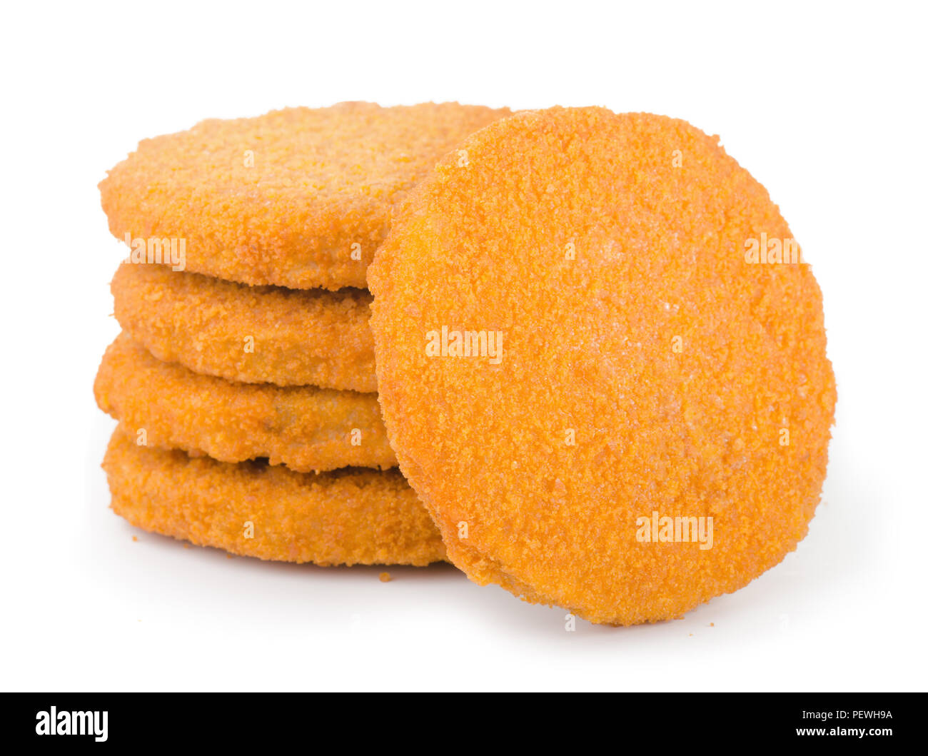 Stack of frozen breaded fish patties isolated on white Stock Photo