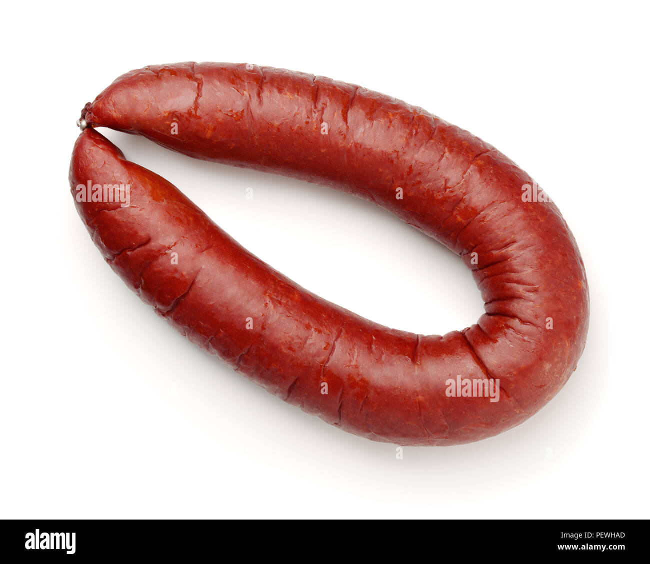 Top view of smoked beef sausage isolated on white Stock Photo