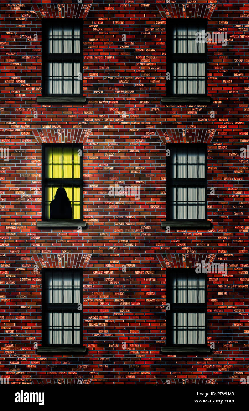 red bricks building with a female figure in silhouette at a window illuminated - image for book cover Stock Photo