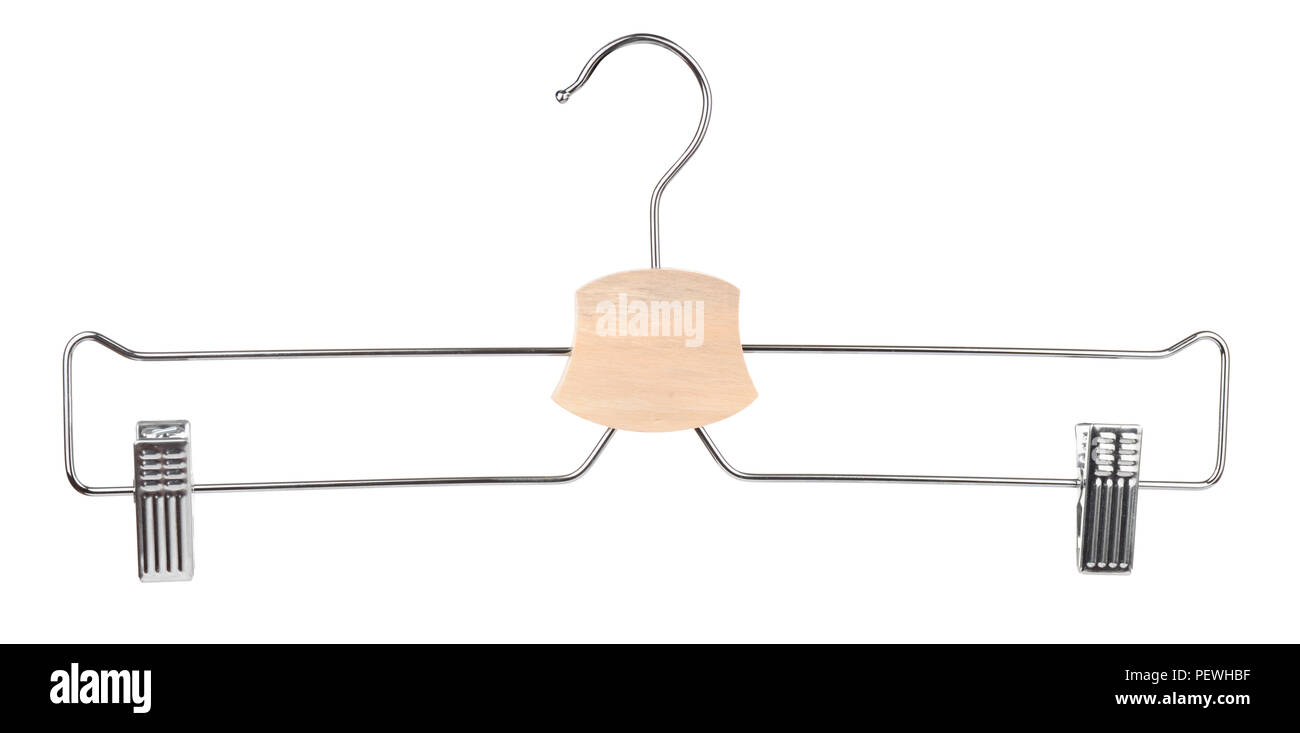 Metal wire hanger with clips isolated on white Stock Photo