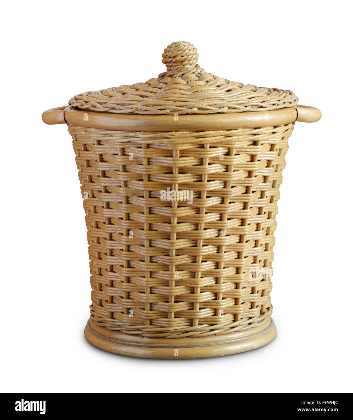Front view of rattan bin with lid isolated on white Stock Photo