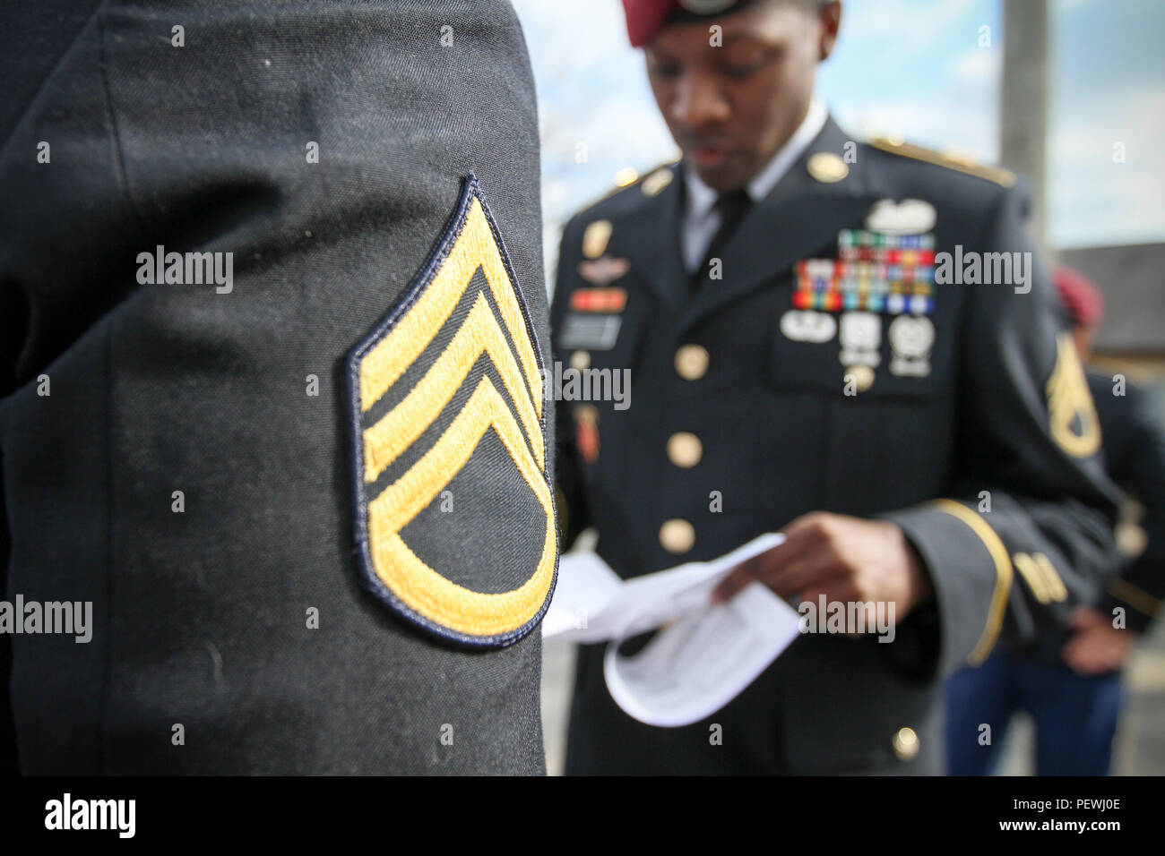 Students in the 25Z Visual Information Operations Chief Senior Leader Course  conduct an in-ranks Army Service Uniform inspection outside the Cyber  Center of Excellence Noncommissioned Officer Academy Detachment, at Fort  George G.