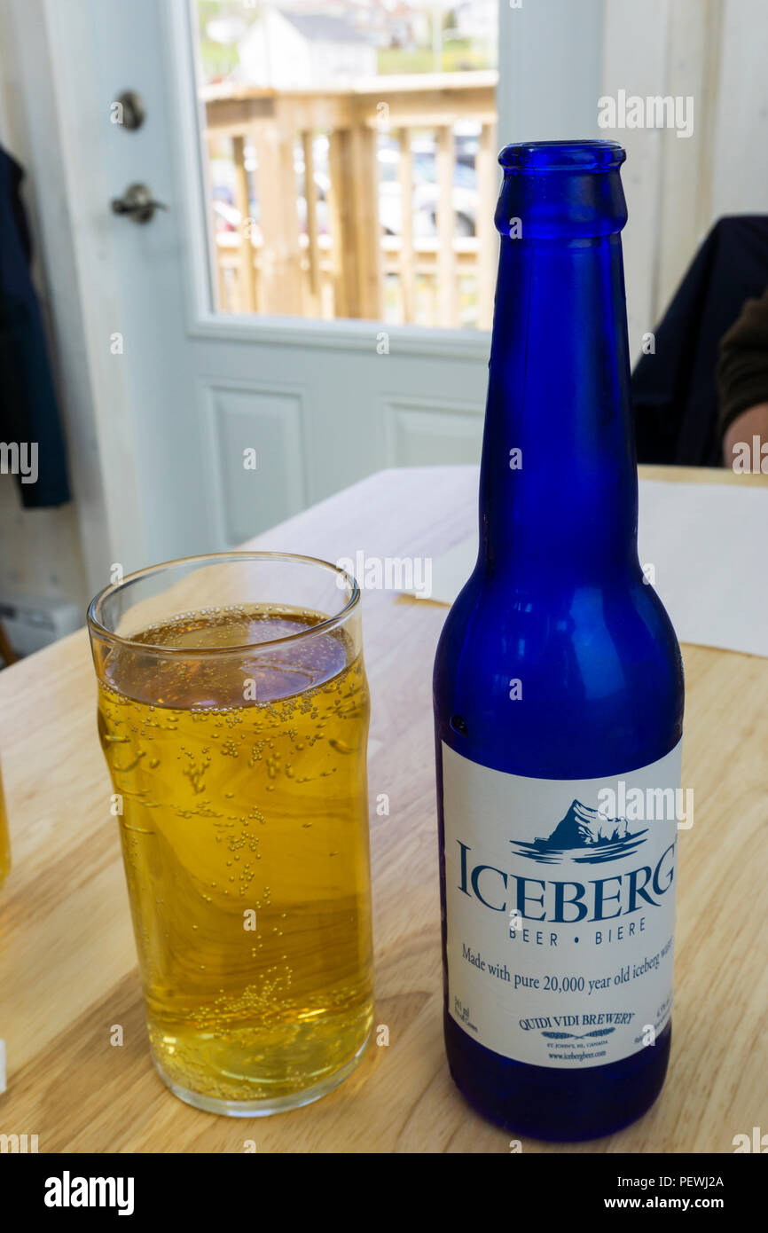 Iceberg beer from the Quidi Vidi Brewery in Newfoundland is made using water from 25,000-year-old icebergs. It has a strength of 4.5% ABV. Stock Photo