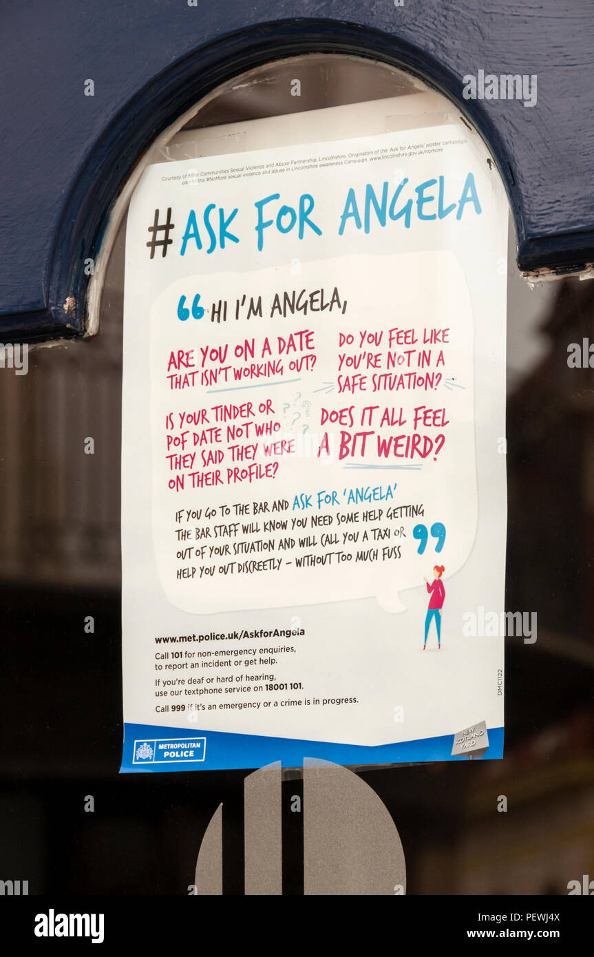 Ask For Angela sign in public house provides a safe way out for men or women who become worried about a tinder date. Stock Photo