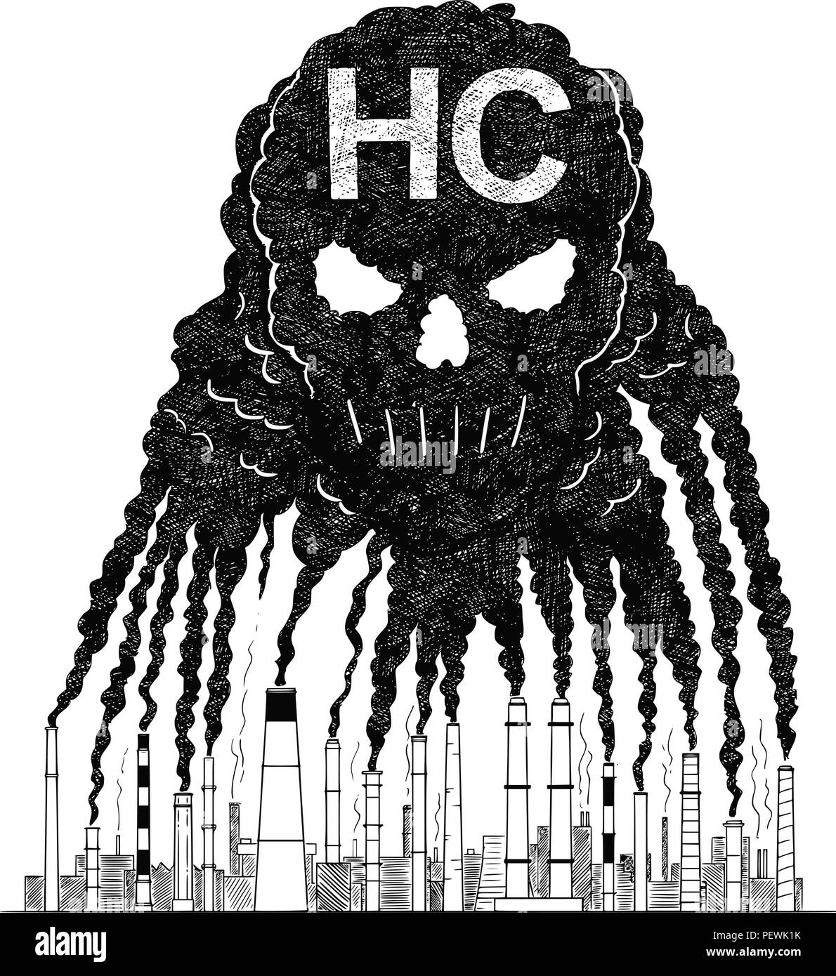 Vector artistic drawing illustration of smoke from smokestacks creating human skull concept of hc air pollution