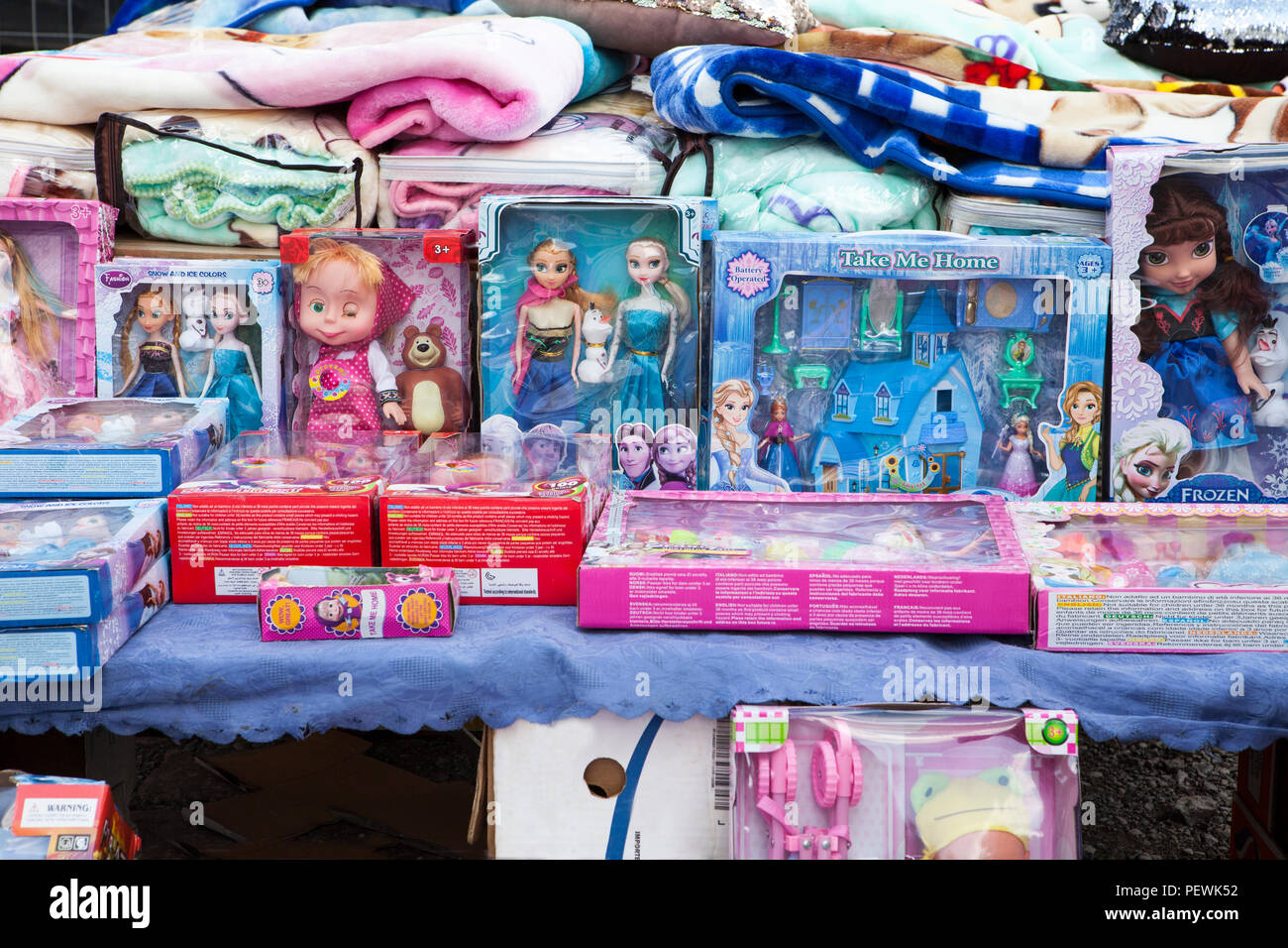 Plastic children's toys at a market stand, Germany, Europe Stock Photo