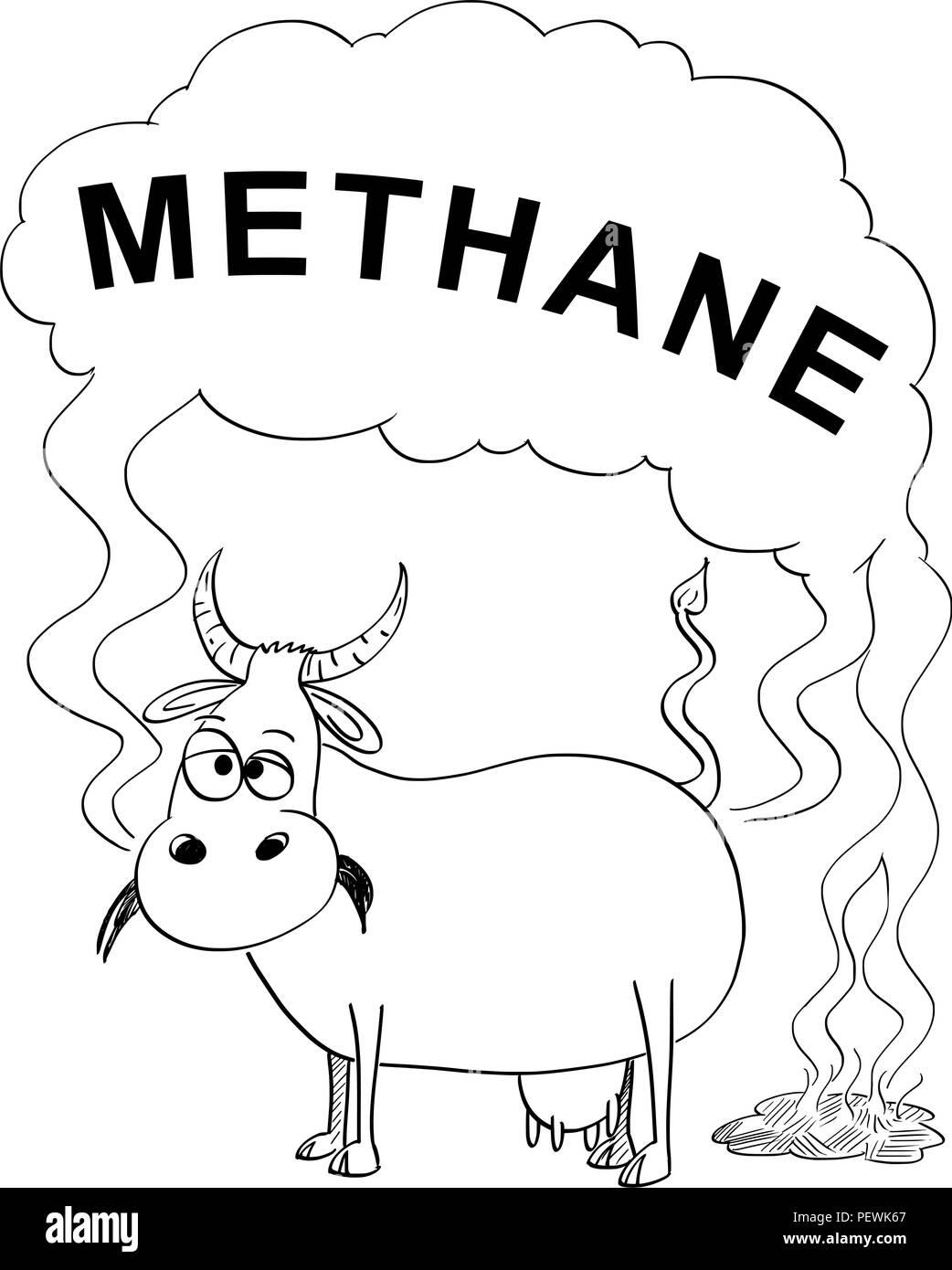 Vector Black and White Drawing or Illustration of Cow Producing Methane Stock Vector