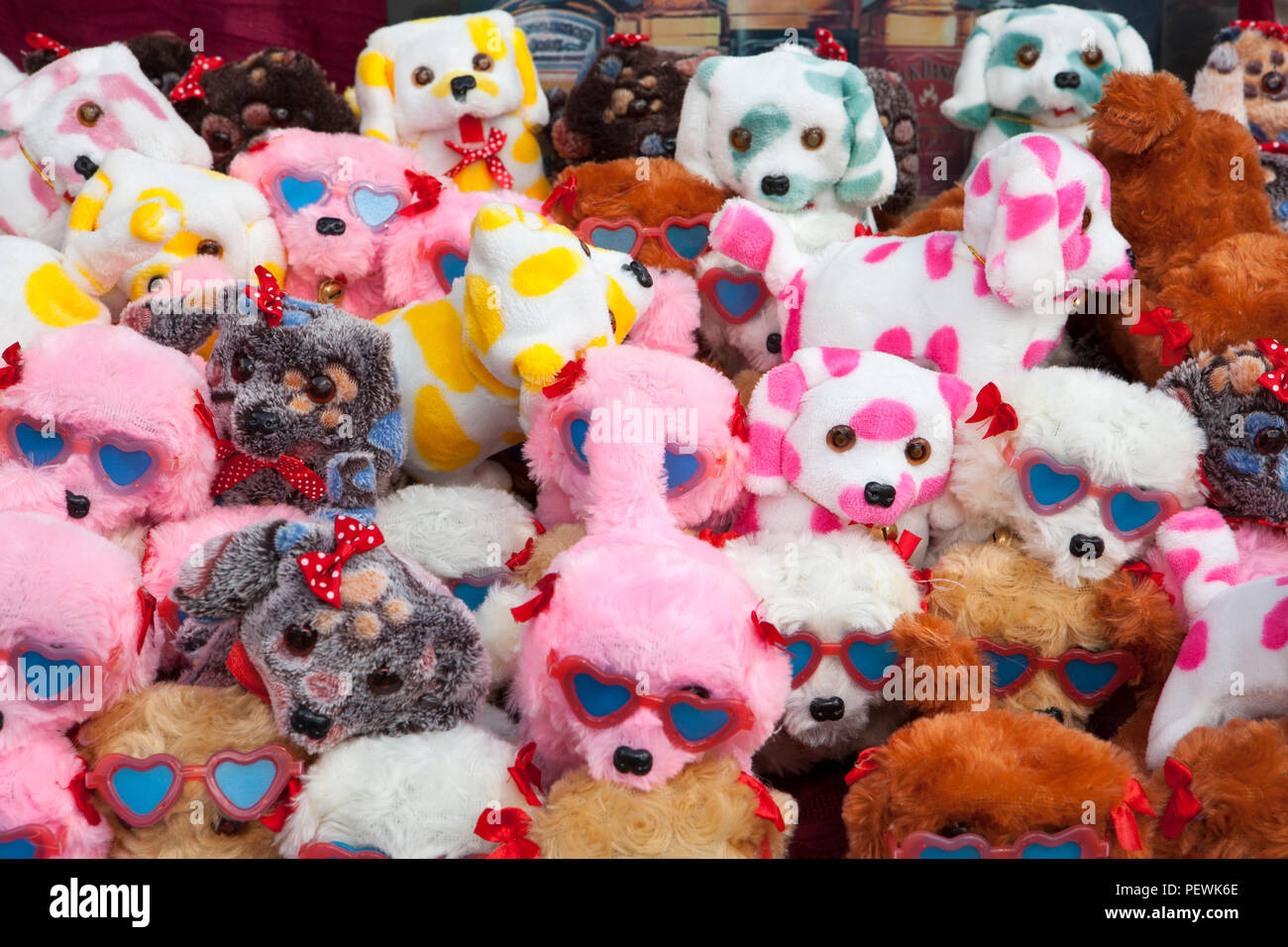 Plastic children's toys at a market stand, Germany, Europe Stock Photo
