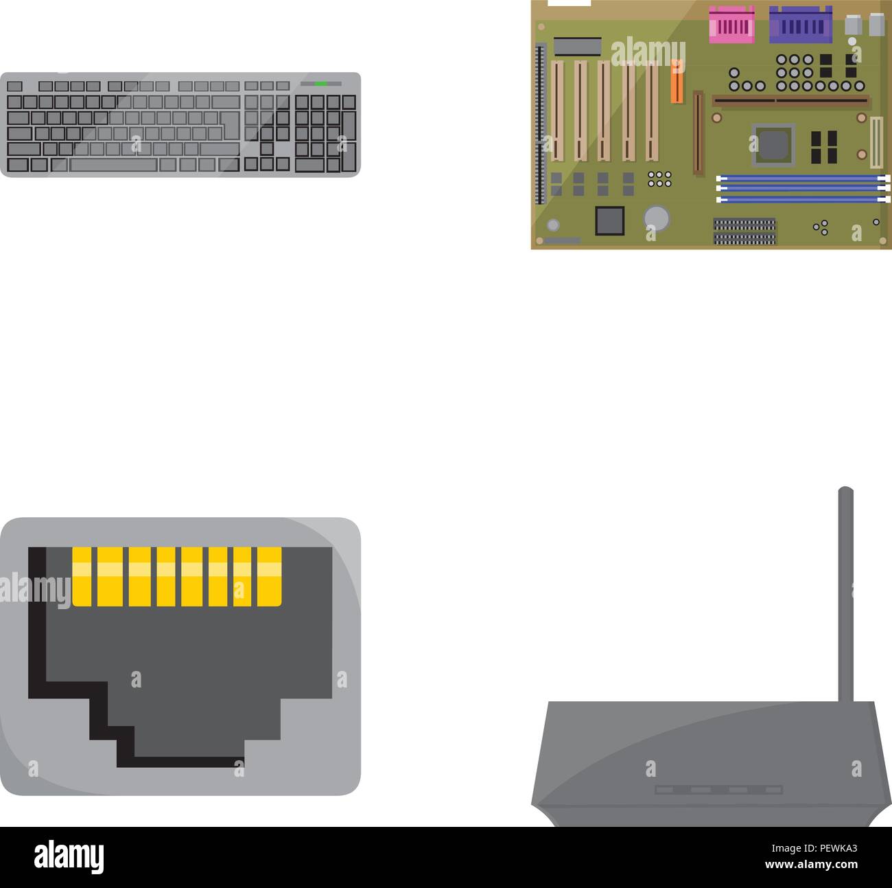 Keyboard, router, motherboard and connector. Personal computer set ...